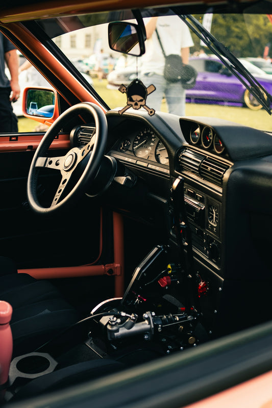 Interior view of a modified sports car dashboard.