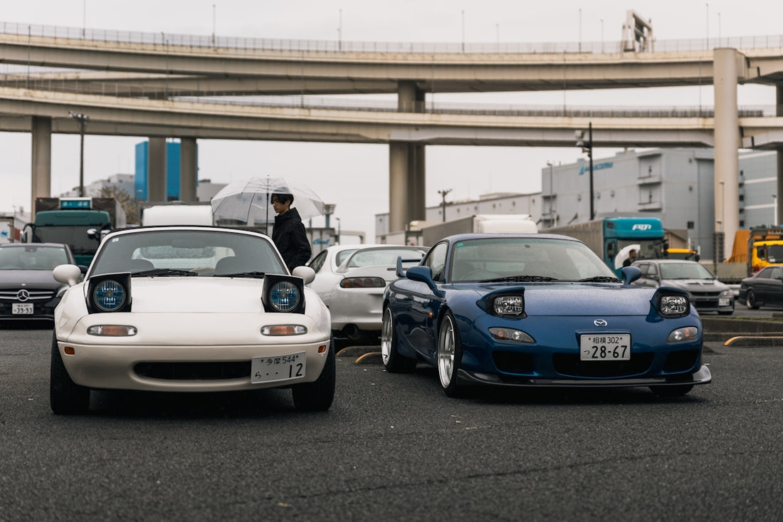 Two sports cars parked under an overpass